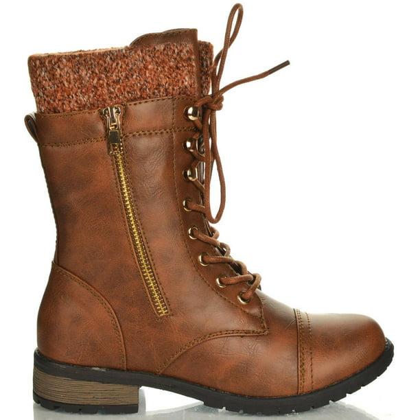 Cambridge Select Womens Lace-Up Military Moto Stacked Chunky Low Heel Mid-Calf Combat Boot 